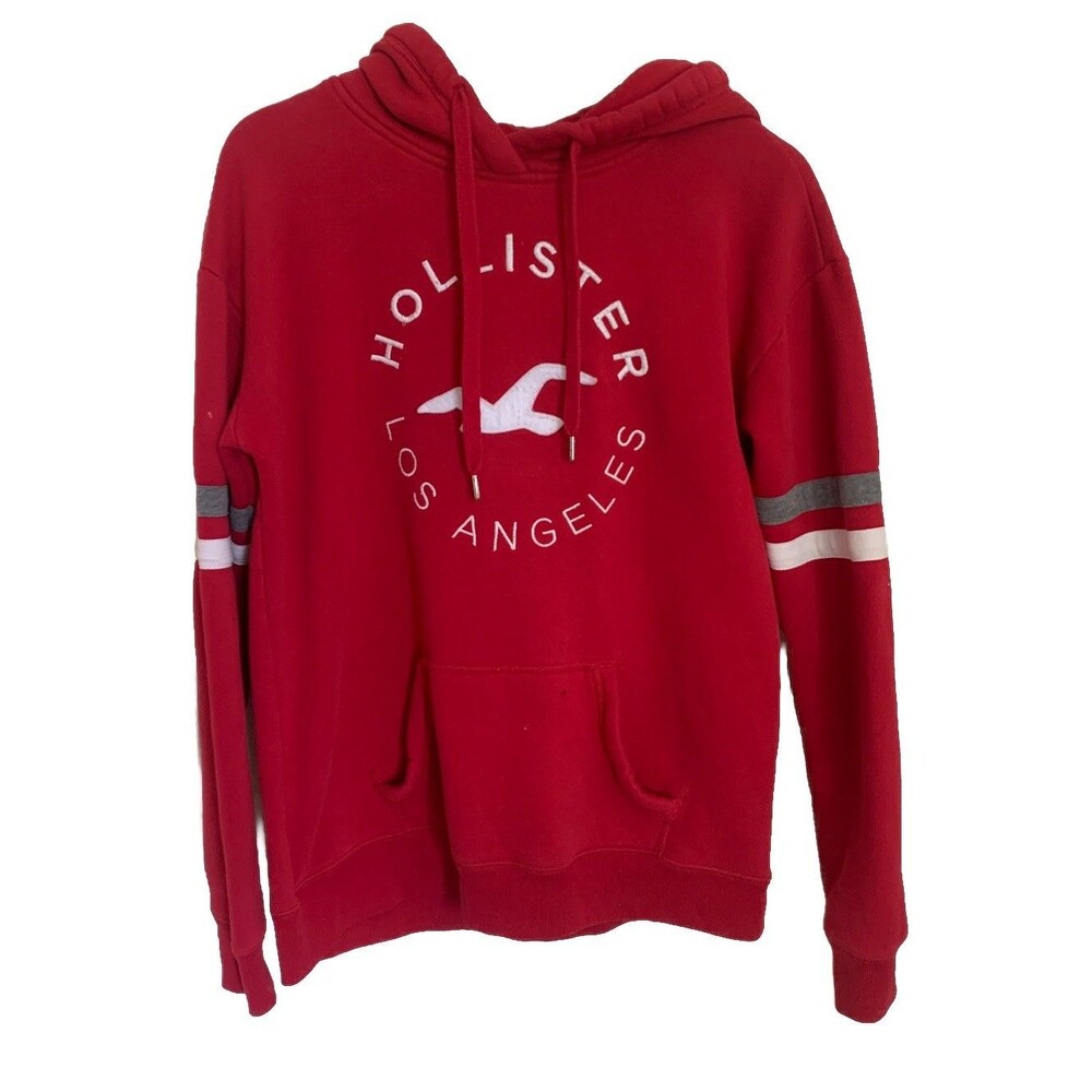 Vintage Y2K Hollister Hoodie Red Embroidered Spellout Surfer Preppy Mall Med